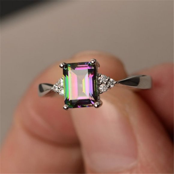 925 Silver Mystic Topaz Diamond Radiant Cut Ring